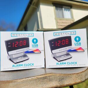 2X Digital Desk Table Alarm Clock BUNDLE USB Charging Port Black Silver LED SET